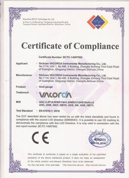China Sichuan Vacorda Instruments Manufacturing Co., Ltd zertifizierungen